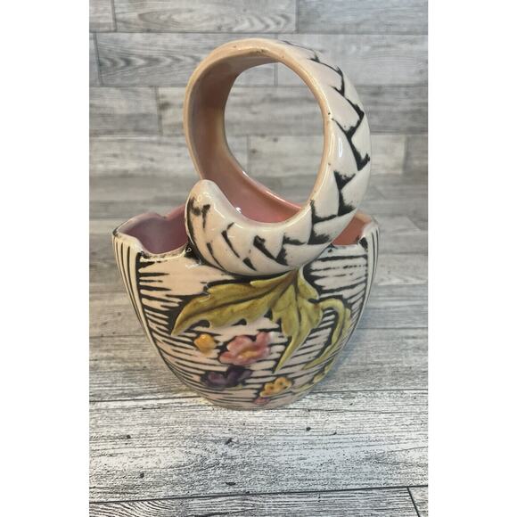 Vintage Pink Hull Pottery Basket Blossom Flite 1955 T2 Candy Dish Vase - Picture 3 of 8